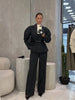 Women Black Pinstripe Two Piece Suit Belted Wrap Blazer Wide Leg Pants Autumn Office Formal Business Outfit Sets