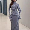 Lady Casual Long Sleeve Pleated Floor Length Dress Hight Waist Slim Party Dress Elegant O-neck Patchwork Irregular Gowns