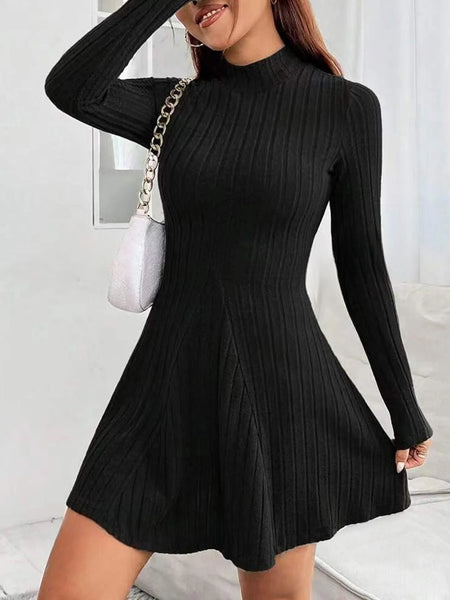 Women's Slim Fit Half High Collar Waist Cinched A-Line Skirt Long Sleeved Pit Stripe Dress