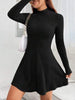 Women's Slim Fit Half High Collar Waist Cinched A-Line Skirt Long Sleeved Pit Stripe Dress