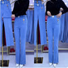 Middle-aged Women's Jeans Spring Fall Stretch Waist Denim Pants Large Size Loose Female Micro Flare Pants Winter Thick Warm Jean
