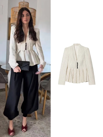 Women Striped Short Skirt Style Hem Blazer Long Sleeve Single Breasted V-Neck Casual Commuting Chic Jacket Lady