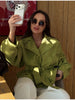 Streetwear Green Belted Jacket Stand Collar Puff Sleeve Cropped Coat Y2k Cool Girl Spring Autumn Casual Outerwear