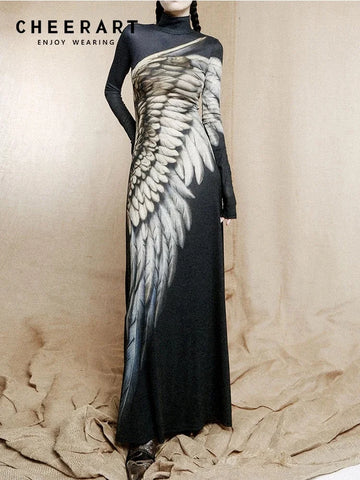 Vintage Wing Feather Long Sleeve Dresses Fall Woman Turtleneck Mesh A Line Maxi Dress Evening