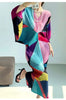 Pleated Batwing Sleeves Dress For Women's Autumn High End And Relaxed Print V-neck Holiday Dresses 17G1980