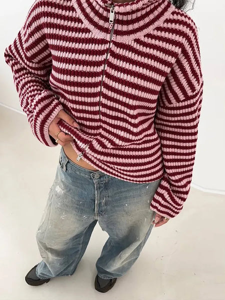 Casual Long Sleeve Zipper Knitted Coat Stand Collar Stripe Knitting Cardigan for Women Spring Autumn Female Sweater