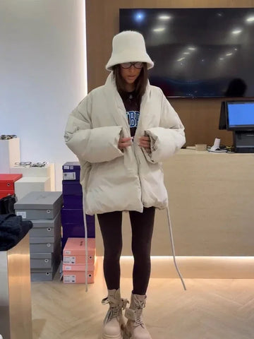 Padded Jacket Women Wrap Collar Full Sleeve Drawstring Waist Female Coat Winter Loose Chic Warm Lady Outerwears