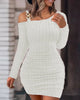 Women Knit Cold Shoulder Long Sleeve Bodycon Dress With Metal Buckle Detail Ruched Waist Slim Fit Mini Dress For Party Cl