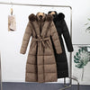 Warm Fur Collar Elastic Waist Hooded Coat Women's Elegant Waist-cinching Zippers Long Cotton Coats Winter Lady Outwear
