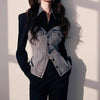 Black Stitching Denim Polo Collar Waist Shirt Woman Autumn Korean Denim Shirt Tops Casual Female Windbreaker