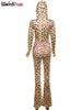 Leopard Contrast Letter Print 2 Piece Set Women Hooded Full Sleeve Crop Jacket+Skinny Stretch Flare Pants Suits