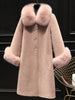 Elegant Faux Fur Collar Coat Women Winter Slim Patchwork Pocket Warm Trench Street Casual Long Faux Fox Fur Outerwear