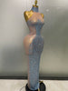 Sexy Sparkly Silver Rhinestone See Through Mesh Long Dress Women Evening Birthday Party Bar Stage Show Costume