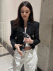 Women Vintage Napoleon Jacket Stand Collar Double Breasted Slim Black Cropped Outerwear Autumn Formal Commuting Office Wear