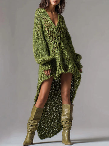 V-Neck Rib Knitted Dress Hollow Out Loose Fit Mini Skirt Asymmetrical Hem Street Style Sexy Women's Party Dresses