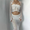 Sexy Sequined Knitted Sweater Party Dresses 3 Piece Skirt Sets Womens Outfits Flare Long Sleeve See Through Clue Wear Dress