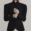 French Elegant Retro Stand Up Collar Black Suit Elegant Commuting Puff Sleeves Jacket for Women