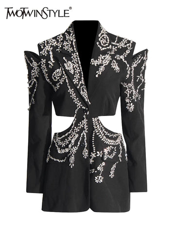 Solid Spliced Diamonds Chic Blazers For Women Notched Collar Long Sleeve Patchwork Button Designer Coat Female