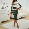 Office Ladies Knitted Dress Elegant Striped Print Slim Long-sleeved Dress Autumn Winter