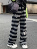 Japanese Stripe Wide Leg Trousers Y2k Aesthetic Kawaii Cartoon Embroidery Straight Pants Vintage Casual Loose Pantalones Women