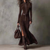 Casual O-neck Long Sleeve Suede Party Dress Elegant Side Split Solid Slim Long Dress Women With Belt Tie-Up Maxi Dress