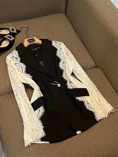High Street Designer Jacket Women's Stylish Color Block Lace Patchwork Blazer