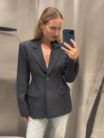 Elegant Shoulder Pad Slim Suit Jackets Women Solid Lapel Long Sleeved Jacket Female Spring Chic Daily Style Outwears Tops
