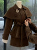 French Casual Retro Tweed Two Piece Set Women Autumn Winter Slim Double Breasted Cape Coat + Belted Skirt Elegant Vintage Outfit