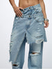 Women's Patchwork Asymmetric Jeans High Street Holes Wide Leg Vintage Casual Streetwear Denim Trousers