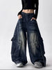 American Retro Y2K Style Washed Distressed Blue Baggy Women's Cargo Jeans Pants For Woman Clothing Wide Leg Denim Trousers