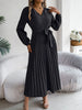 Spring Autumn Elegant Buttons V Neck Lantern Long Sleeve Lace Up Pleated Dress Khaki Blue Red Green Black Women Dresses