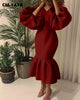 Women Evening Dress Solid Full Puff Sleeve V-neck Long Maxi Trumpet Dresses Vintage Party Vestidos Fall Outfit