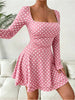 Autumn Polka Dot Print Square Neck Long Sleeve Women's Dress Waist Cinched A-Line Mini Skirt Length Sexy