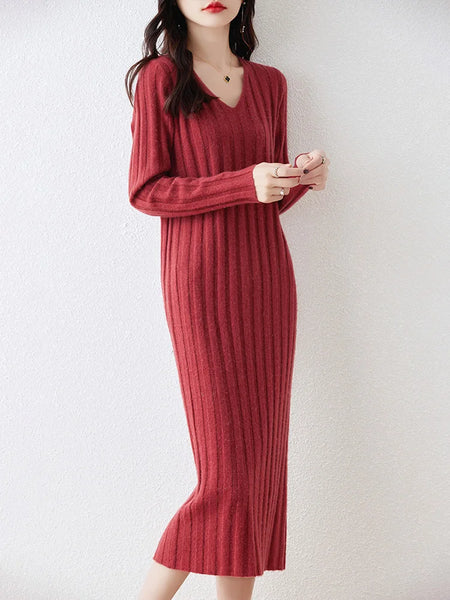 Women Pure Wool Sweater Dresses Long Sleeve Purllover 100% Merino Wool V-neck Knitwear Spring Autumn Grace Striped Dresses