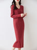 Women Pure Wool Sweater Dresses Long Sleeve Purllover 100% Merino Wool V-neck Knitwear Spring Autumn Grace Striped Dresses