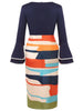 Womens Flare Long Sleeve Geometry Print Crew Neck Knee Length Patchwork Business Casual Party Midi Pencil Bodycon Sheath Dress