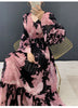 Abstract Print Ruched Womens' Pleated Dress Ruffle Sleeve Pleated Chiffon Long Dresses Party Outfit 2DB7460