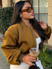 Elegant Full Sleeve Short Jacket Women Chic Zipper O-neck Shoulder-padded Blazer Coat Female Solid Coats Lady