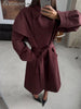 Burgundy Long Trench Coat Women Lapel Double Breasted Belted Waist Cape Collar Overcoat Loose Windbreaker Lady Winter Outerwear