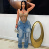 Women's Patchwork Asymmetric Jeans High Street Holes Wide Leg Vintage Casual Streetwear Denim Trousers