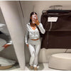 Zipper Plush Jacket Long Pants Lady Set Solid Color Lapel Jackets High Waist Slim Bell-Bottom Trousers Casual Women's Sets