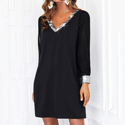 Dresses For Women Elegant Shiny Mesh Stitching Long Sleeve Robe Solid Color V Neck Mini Dress Evening Party Dresses Vestido