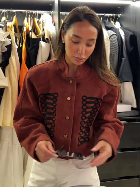 Suede Knit Patchwork Short Jacket Stand Collar Gold Single Button Long Sleeve Coat Female Spring Casual Daily Streetwear