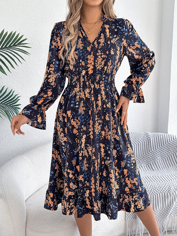 Elegant Floral Print Dresses for Women Autumn Winter Casual V Neck Flare Long Sleeve Ruffled A Line Dress