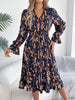 Elegant Floral Print Dresses for Women Autumn Winter Casual V Neck Flare Long Sleeve Ruffled A Line Dress