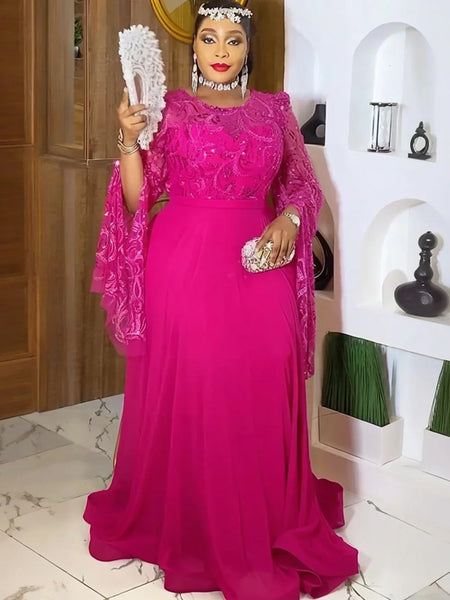 Plus Size African Wedding Party Dresses for Women Dashiki Sequin Long Sleeve Evening Gown Elegant Muslim Maxi Dress