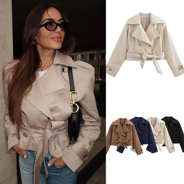 women's British wind trench coat style double-breasted long sleeve belt lapel jacket short coat