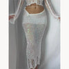 Sexy Sequined Knitted Sweater Party Dresses 3 Piece Skirt Sets Womens Outfits Flare Long Sleeve See Through Clue Wear Dress
