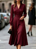 Autumn Women's Notched Work Long Sleeve Maxi Dress Wrap Waist A Line Midi Dress Elegant Long Party Dress Robe Femme