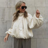 Women Pant Set Satin Lace Round Neck Puff Long Sleeve Button Front Drawstring Waist Blouse Cuffed Ruffle Hem Pants Elegant Suit